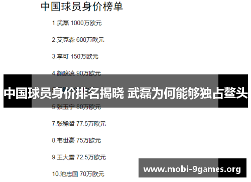 中国球员身价排名揭晓 武磊为何能够独占鳌头 中国球员身价排名揭晓 武磊为何能够独占鳌头